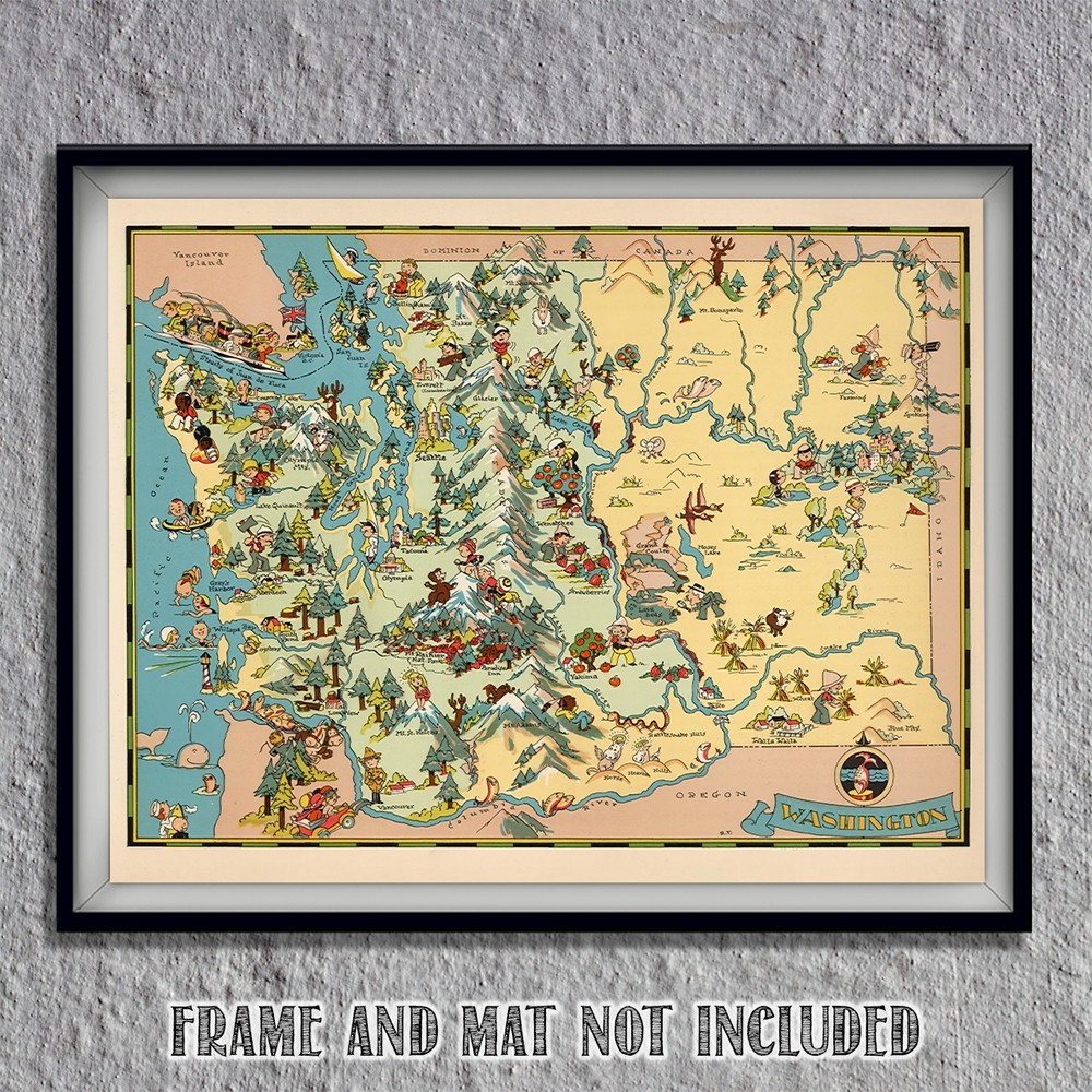A Pictorial Journey Evergreen State 1935 Washington Map Wall Art Print