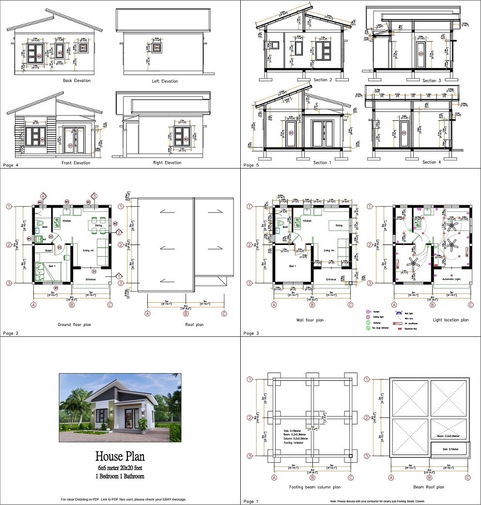 20×20 Feet Small House Plan 6×6 Meter 1 Bed 1 Bath Shed Roof PDF & A4 Hard Copy