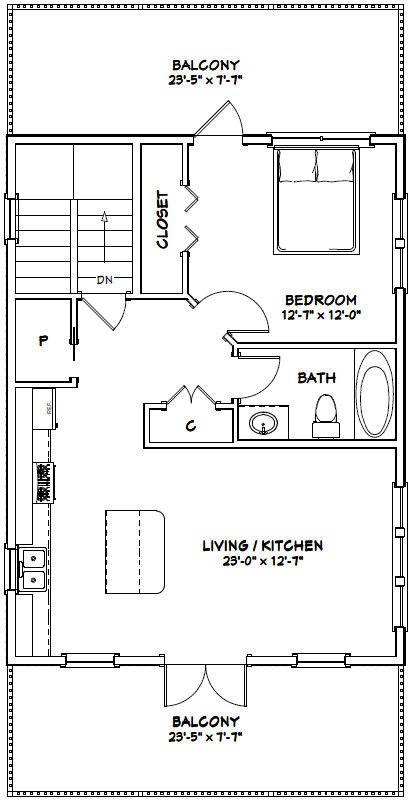 24×32 House with RV port — 1 Br 1.5 Ba — 830 sqft — PDF Floor Plan — Model 9