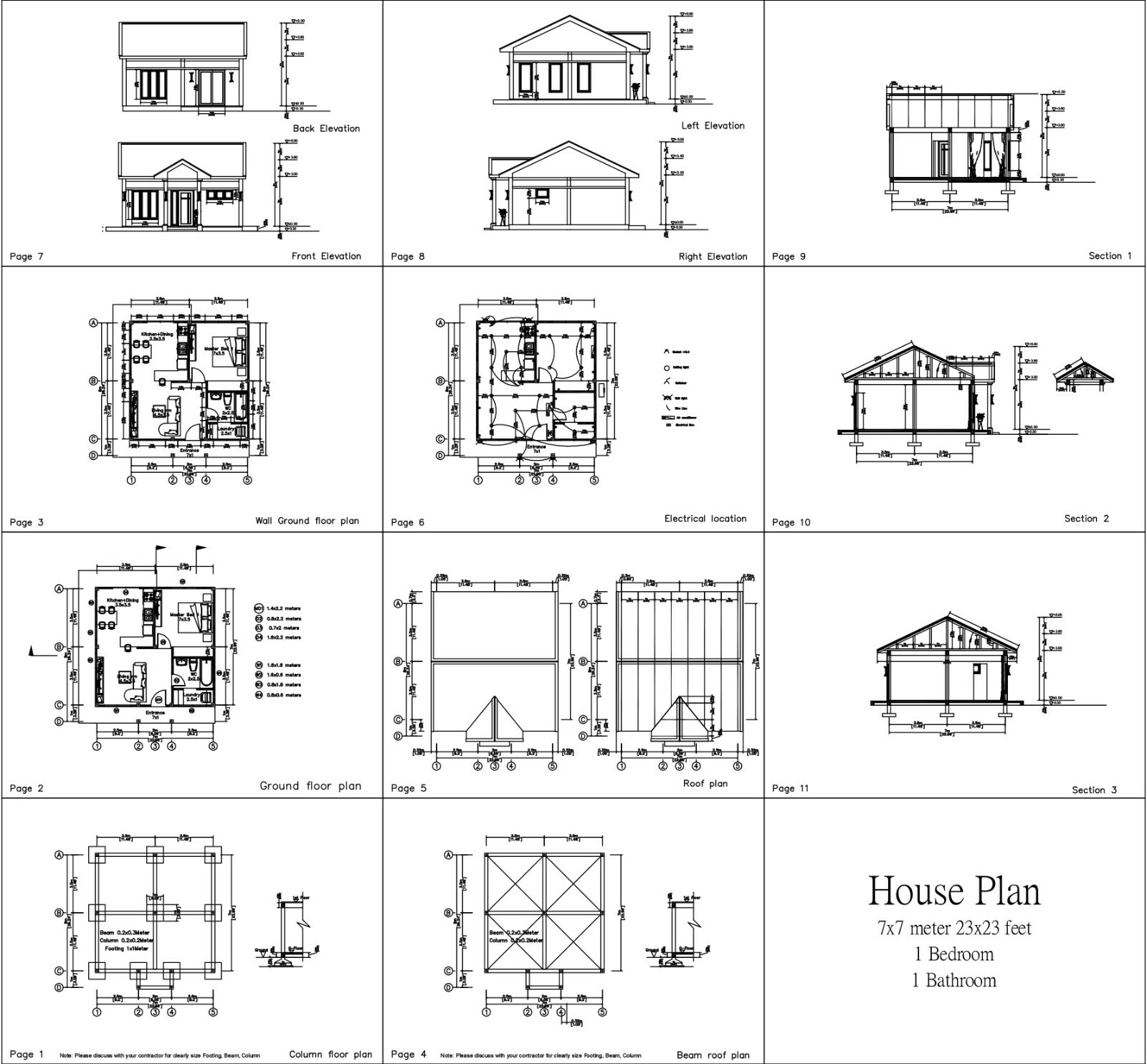 Custom Small House Plan 23×23 Feet 7×7 Meter 1 Bed 1 Bath Gable (A4 Hard Copy)