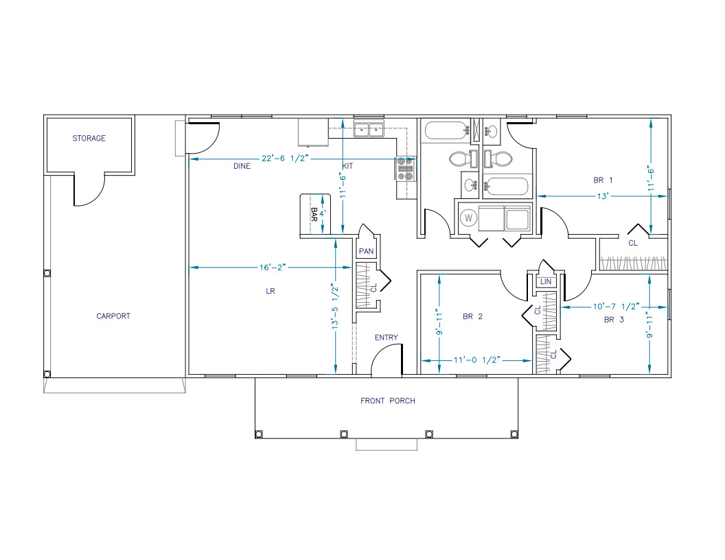 Ranch House Plans 1248 SF 3 Bed 2 Bath Single Carport (Blueprints) #1207