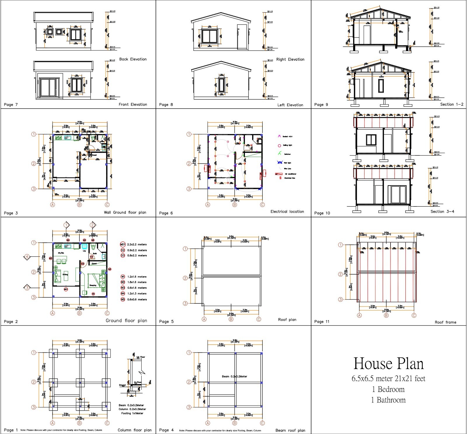 21×21 Feet Tiny House Plans 6.5×6.5 Meter 1 Bed 1 Bath Gable Roof (A4 Hard Copy)