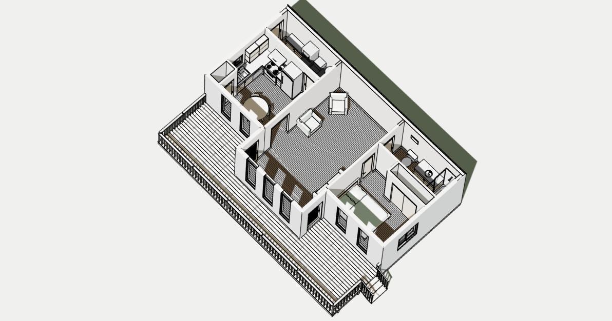 Modern Style House Building Plans Model 778 with one bedroom. FREE SHIPPING