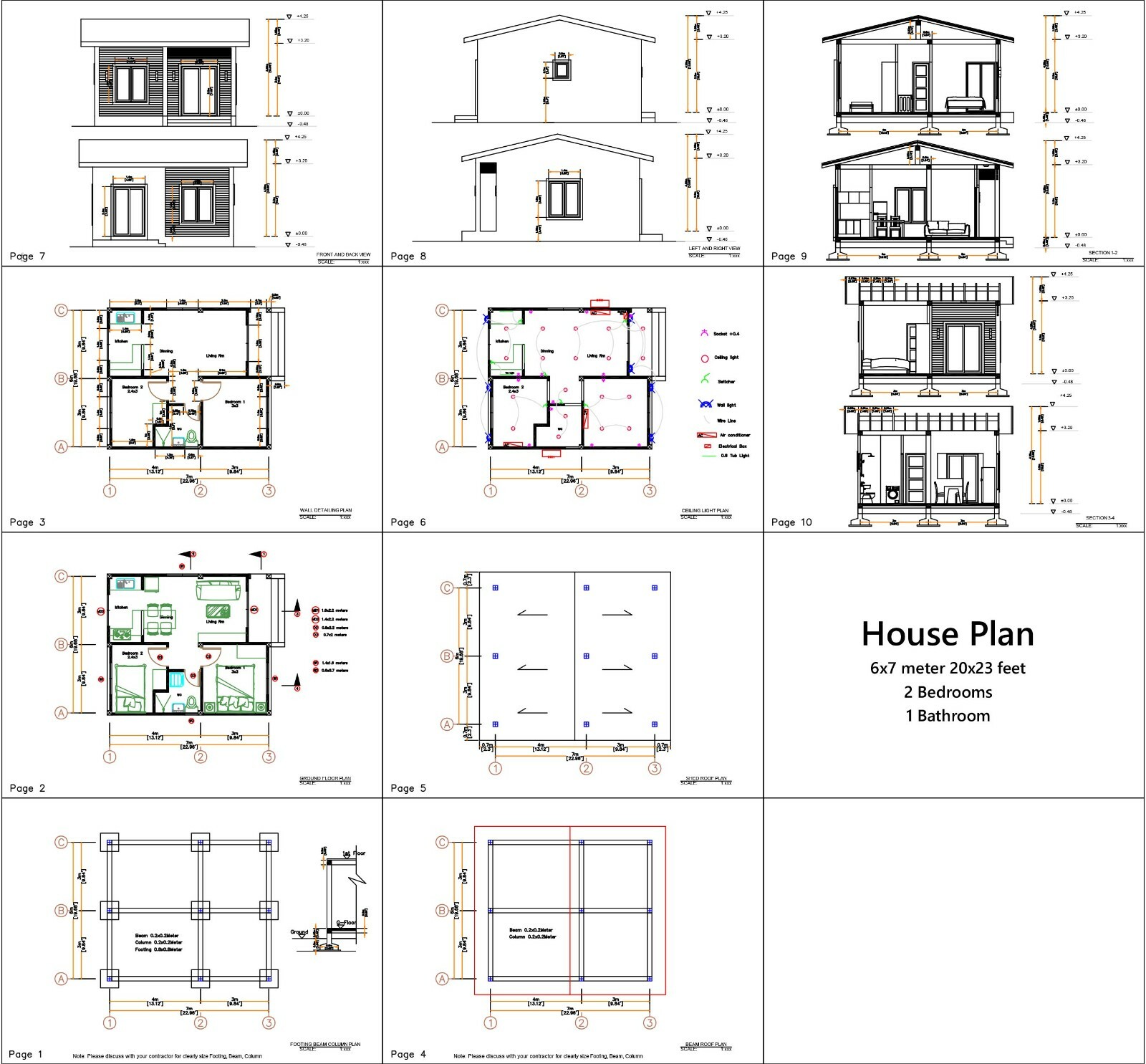 Small House Plans 20×23 Feet 4 Bedrooms 6×7 Meter Pdf Full Plan (A4 Hard Copy)