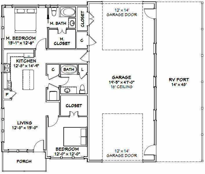 46×48 House – 2 Bedroom 2 Bath 1 RV – 1,157 sqft – PDF Floor Plan – Model 1C