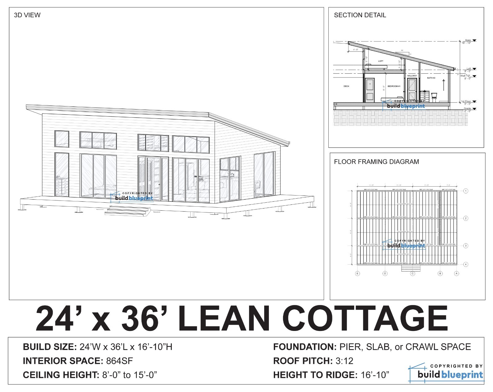 24×36 Lean Modern Cottage Custom Architectural Plans 864SF – PDF Download
