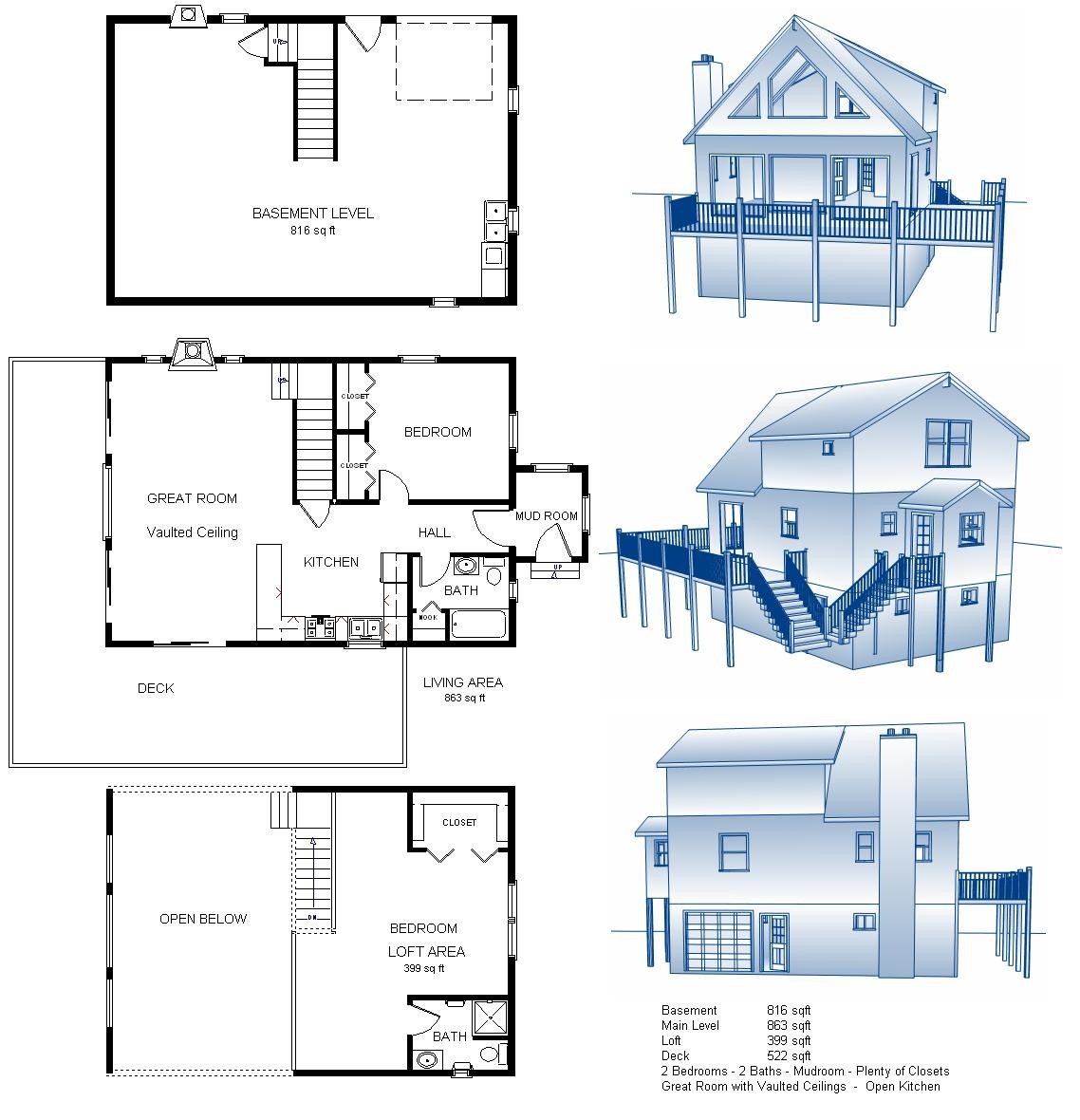 24×34 Cabin w/Full Basement Plans Package, Blueprints, Material List