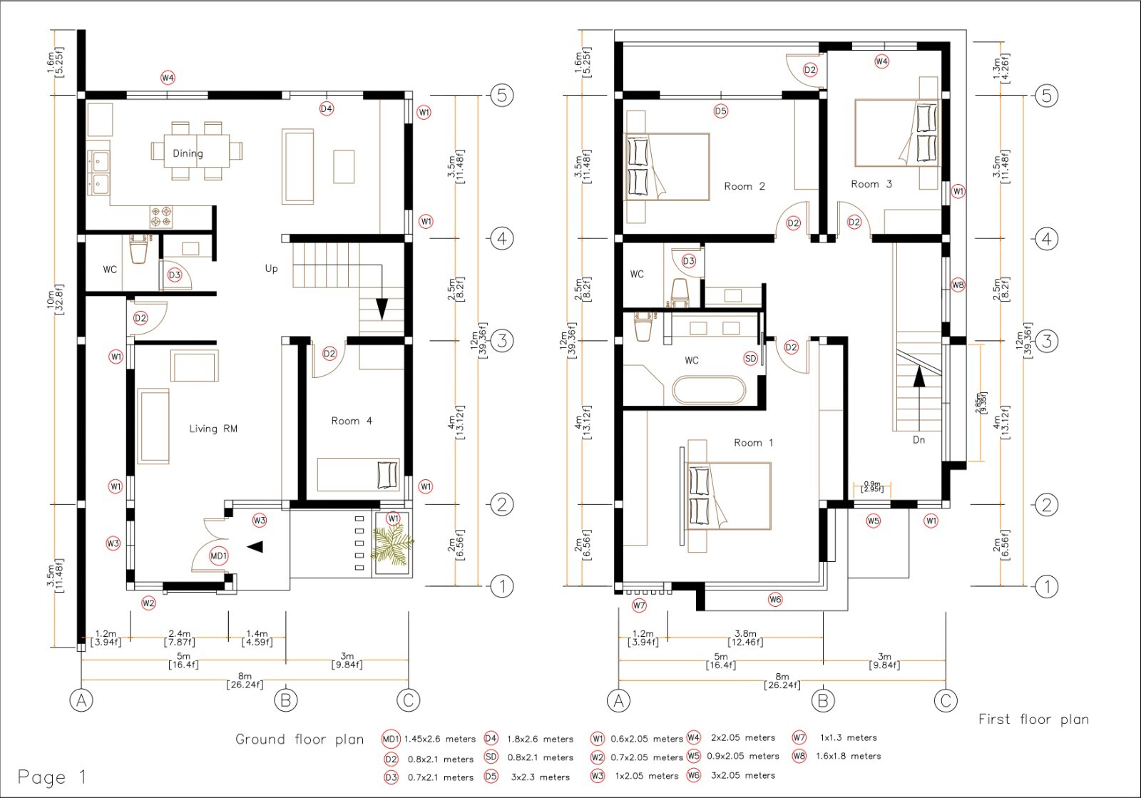 26×40 Feet House Plan 8×12 Meter 4 Bed 3 Bath Flat Roof PDF Plan (A4 Hard Copy)
