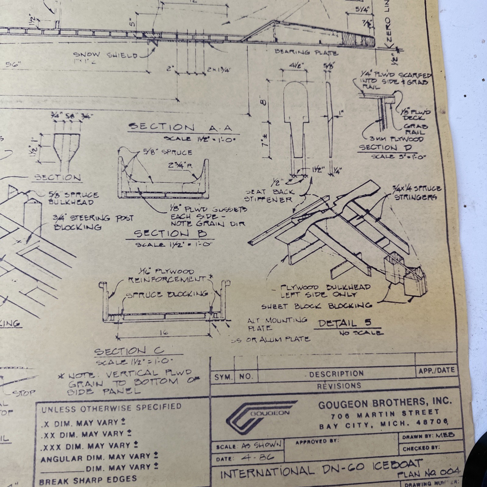 Vintage Blueprint International DN-60 Iceboat Gougeon Brothers Bay City Michigan
