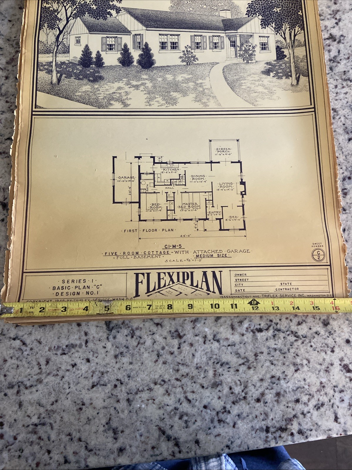 Vintage 1948 MCM Bungalow Ranch HomePlan Blueprint Triflex Service Washington DC