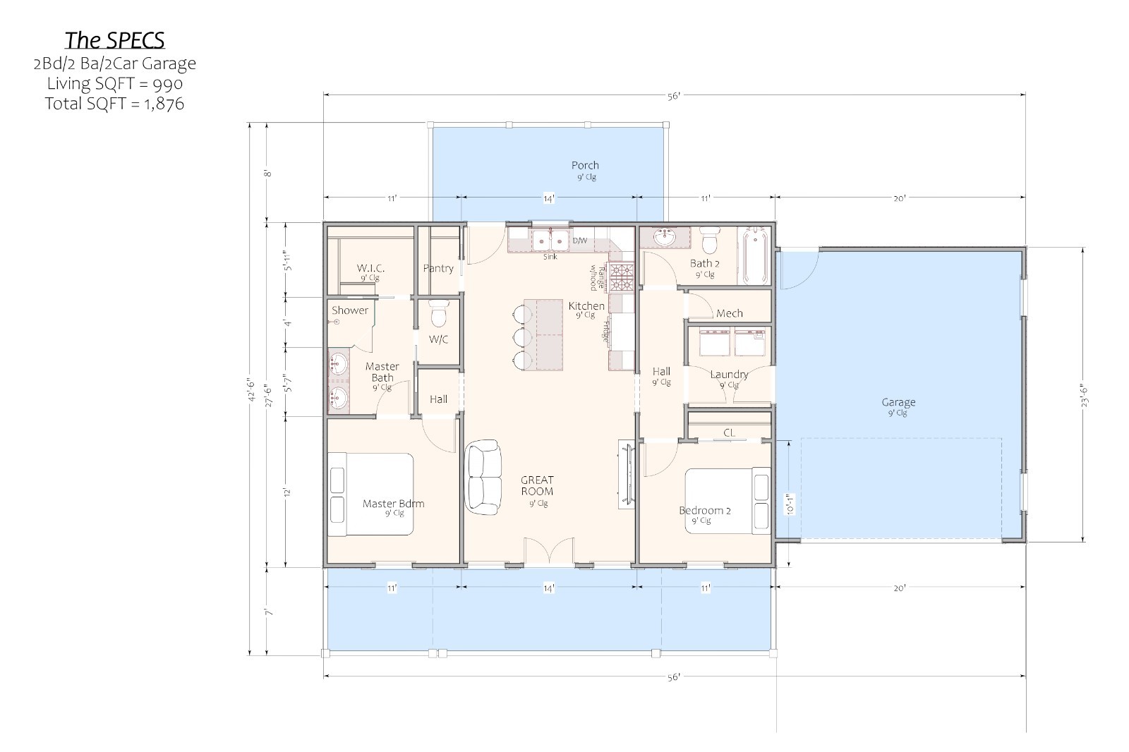 Small Farm House – 990 Sqft- 2bed-2 bath-2 car Garage