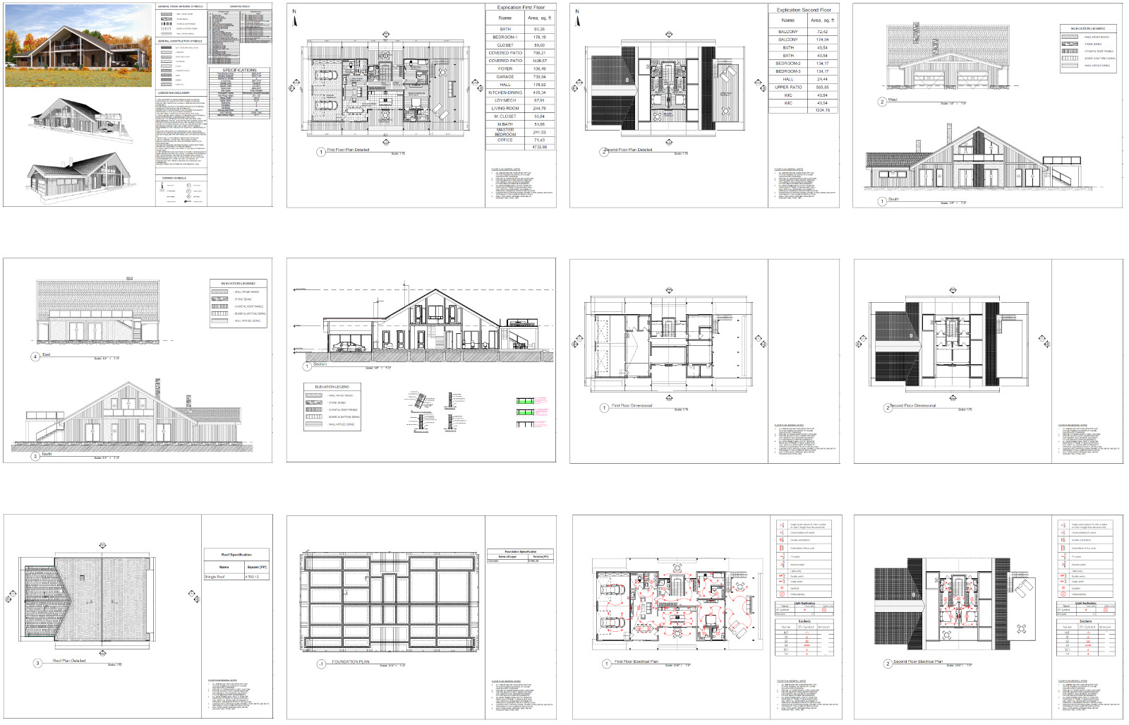 100’x54’ 4-Beds 4-Baths Charming A-Frame Architectural Build Plans PDF Download