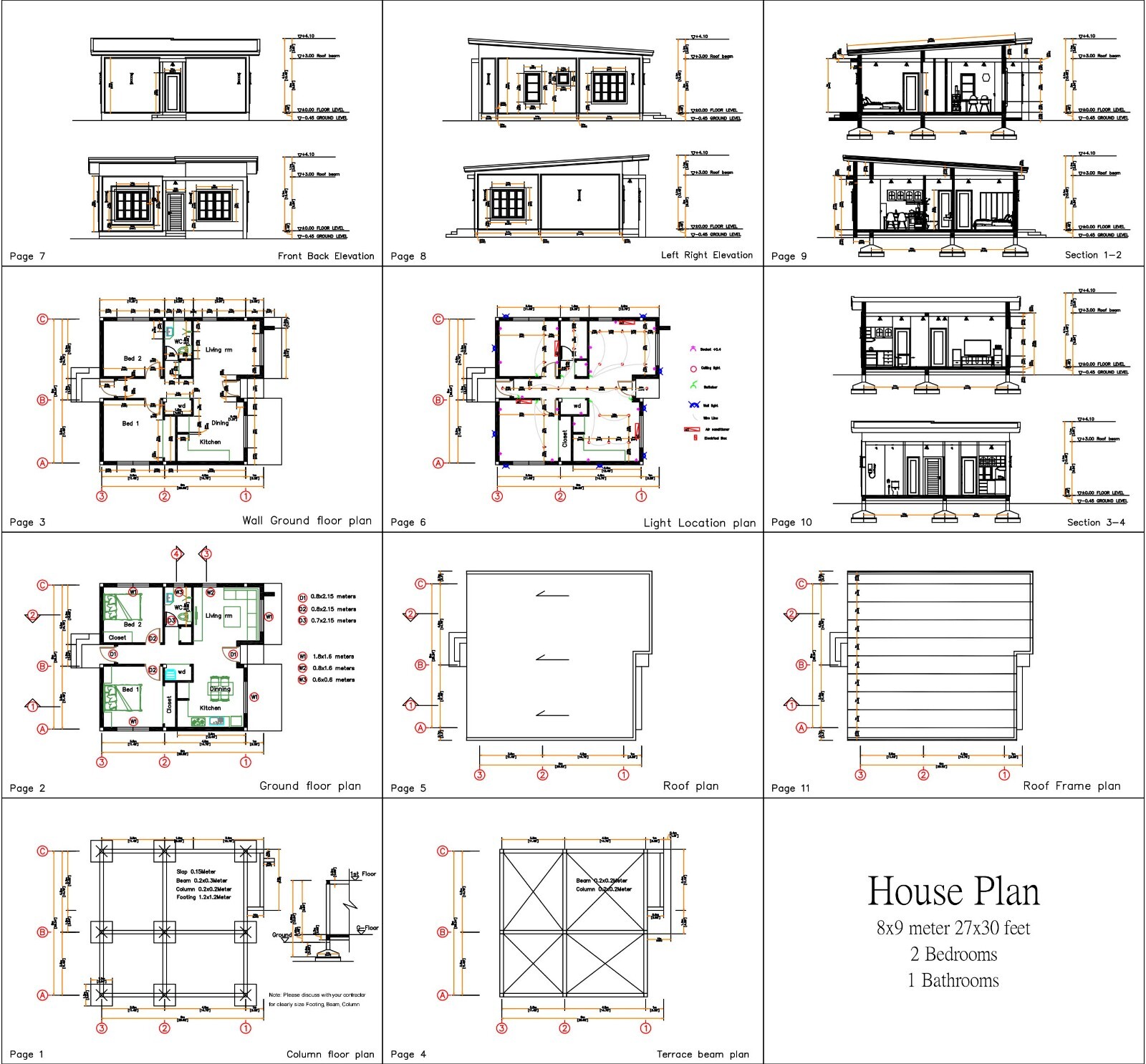 27×30 Feet Small House Plan 8×9 Meter 2 Beds 1 Bath Shed Roof PDF (A4 Hard Copy)