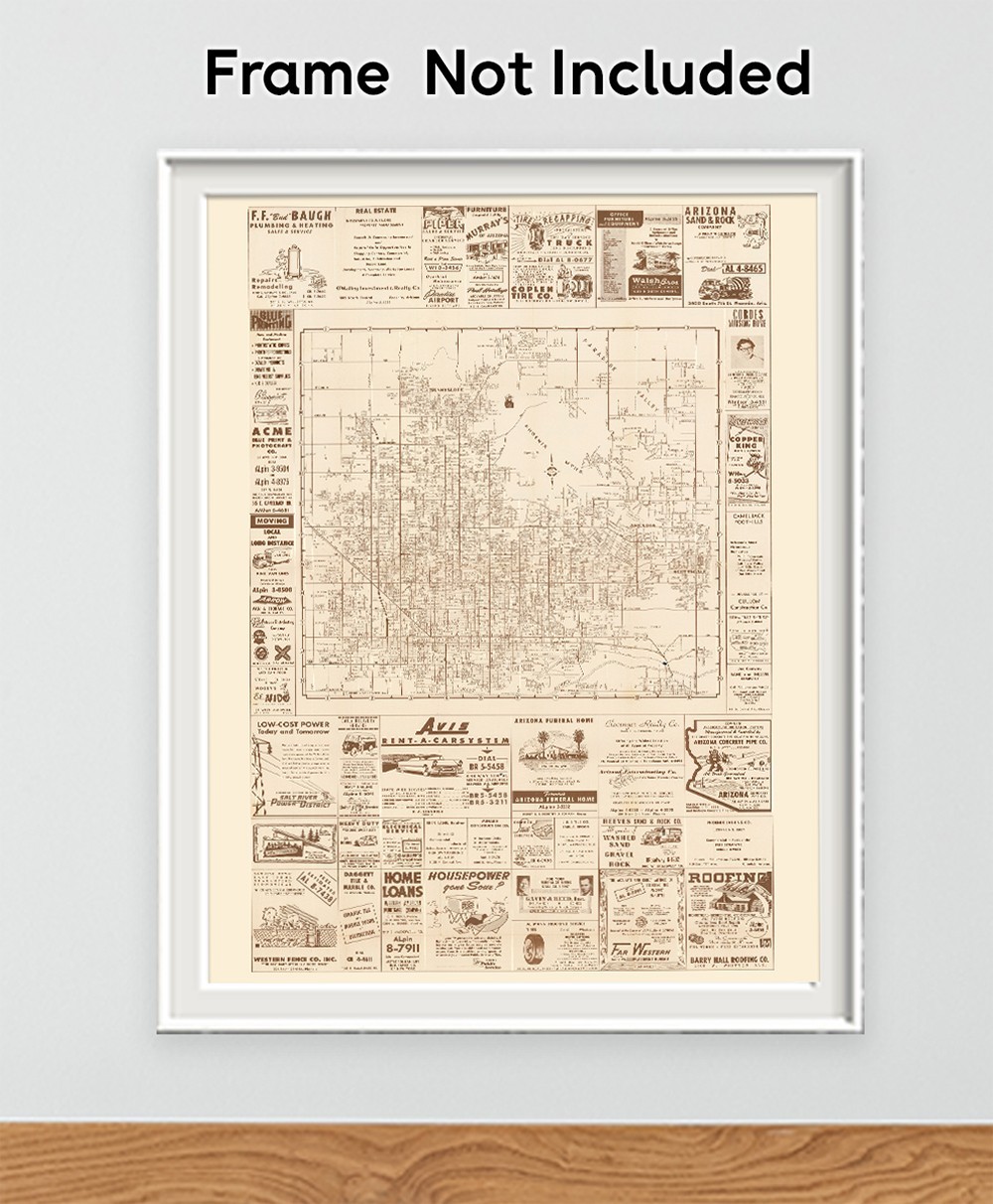 Phoenix Arizona Vintage City Map Mid Century Street Plan with Historic Ads