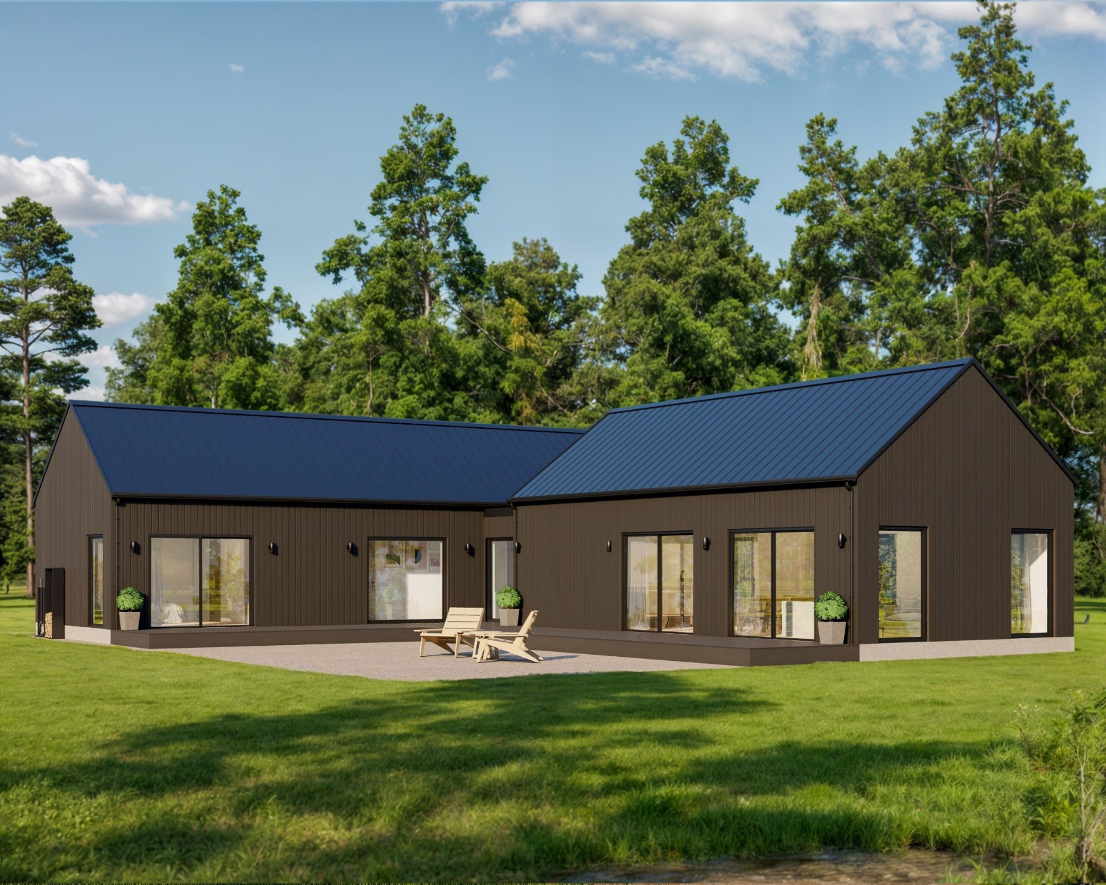 Modern Cabin House, L-shape House, 3 Bed 2 Bath, 1600 Sq Ft, Architectural Plans