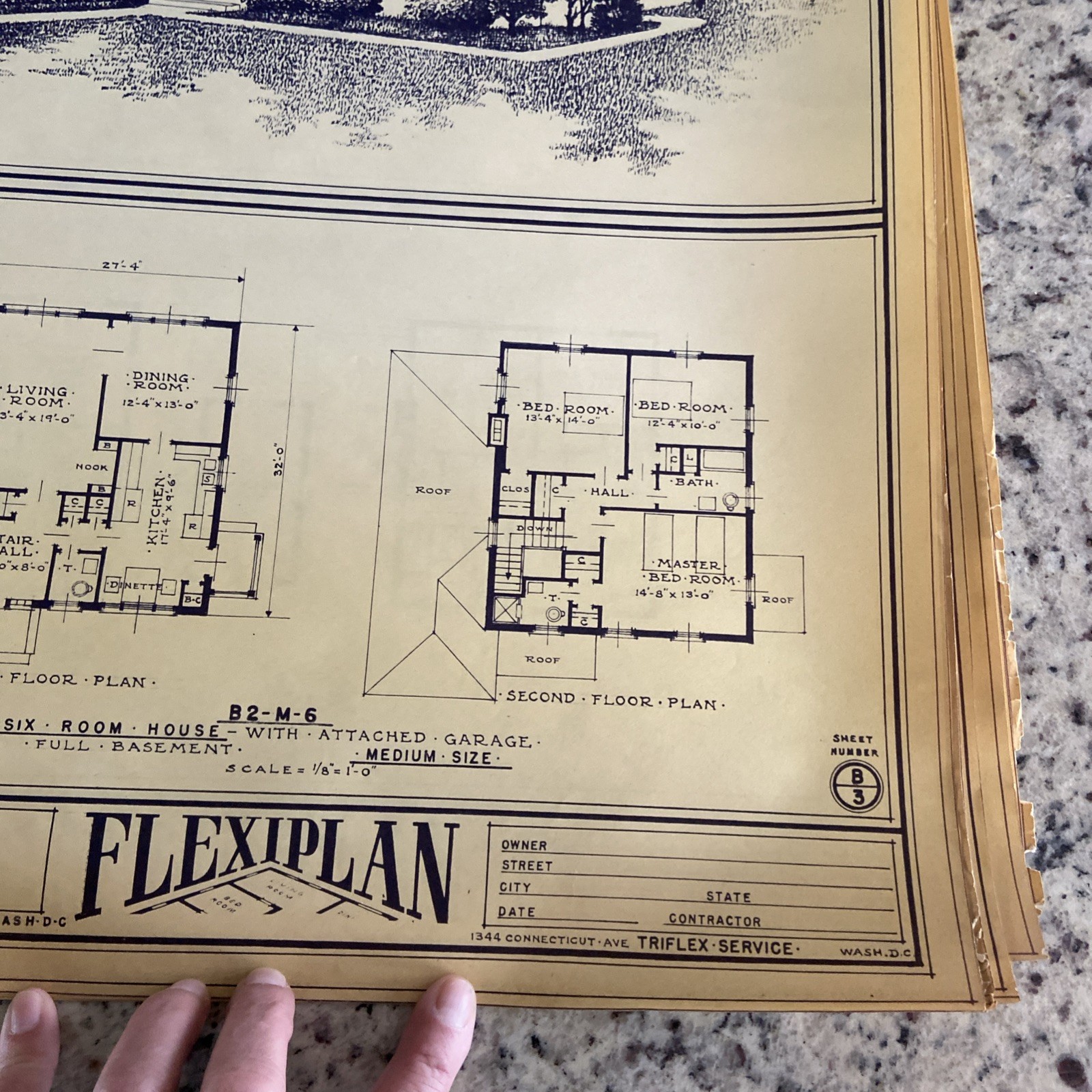 Vintage 1948 4 Square Home Plan Drawing Blueprint Triflex Service Washington DC