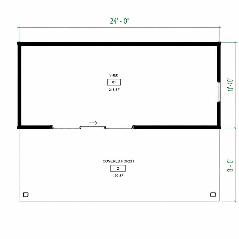 16’x24’ Shed Plan with a Covered Patio-Backyard Guest House designs