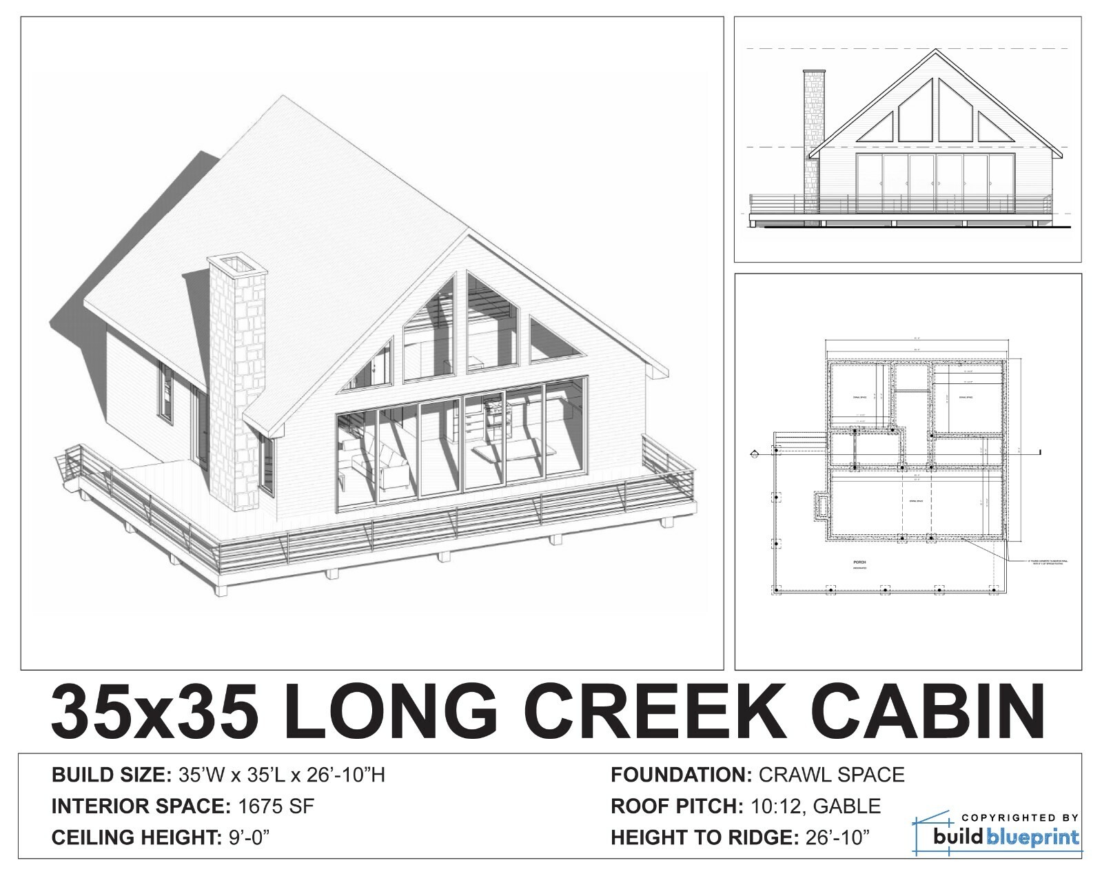 Modern 1675SF Cabin w/ Loft Architectural House Plans 3 Bedroom – PDF Download