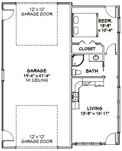 34×42 1 RV Garage – 1 Bedr Apartment – 1,400 sq ft – PDF Floor Plan – Model 2C