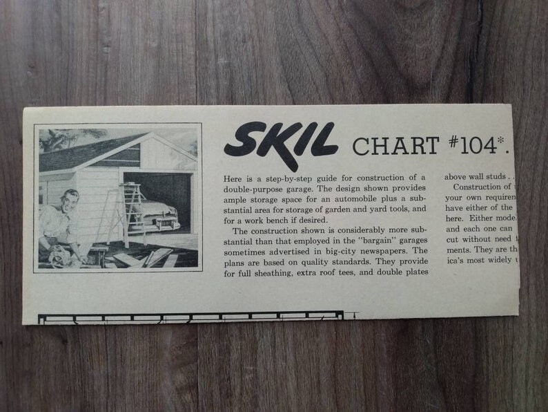 MCM Car Garage Construction Guide Building Plans Vintage 1950s Skil Chart 104