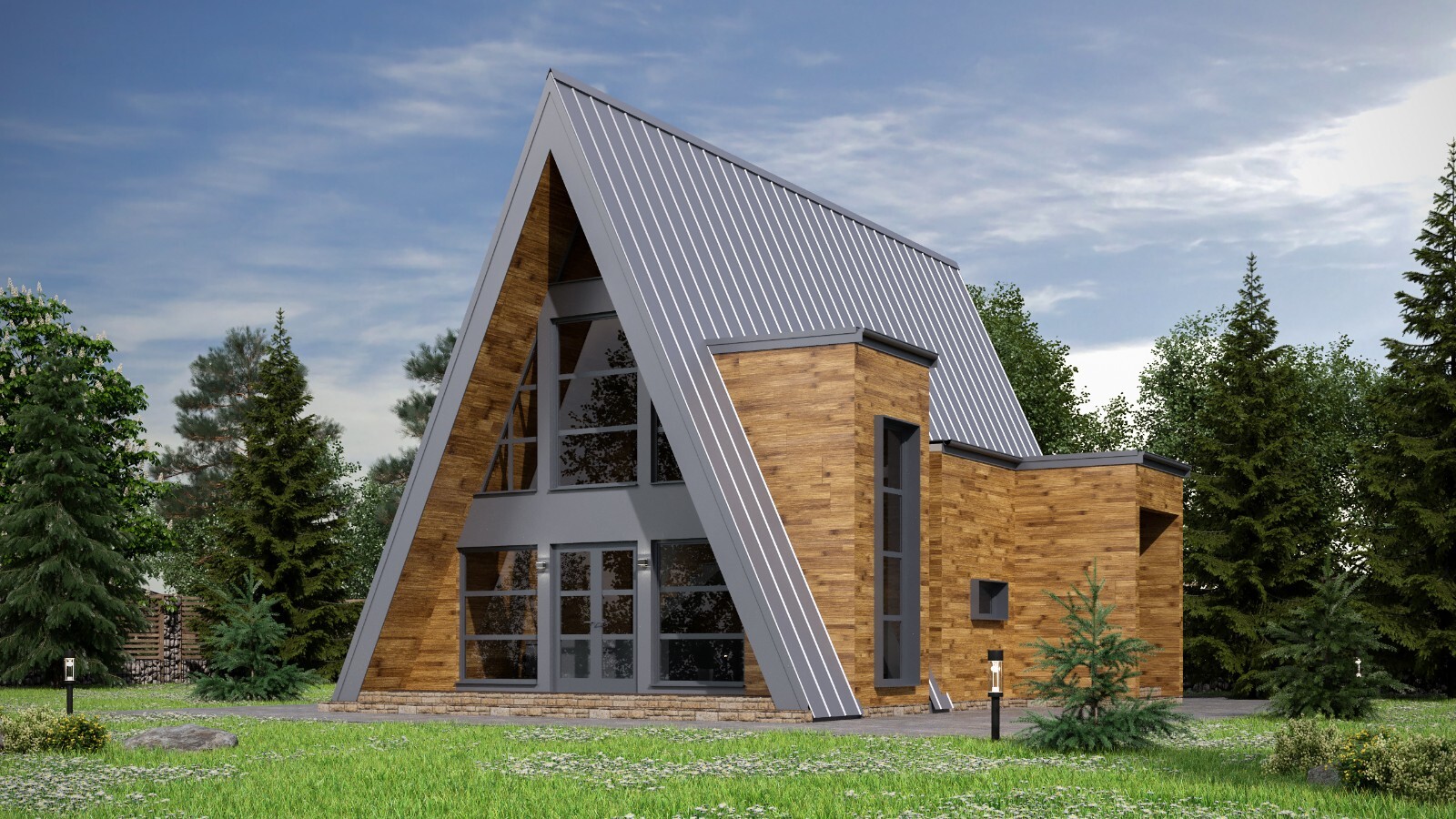 45’x32’ 3-Beds, 2-Baths Modern A-Frame Architectural House Plans PDF Download.