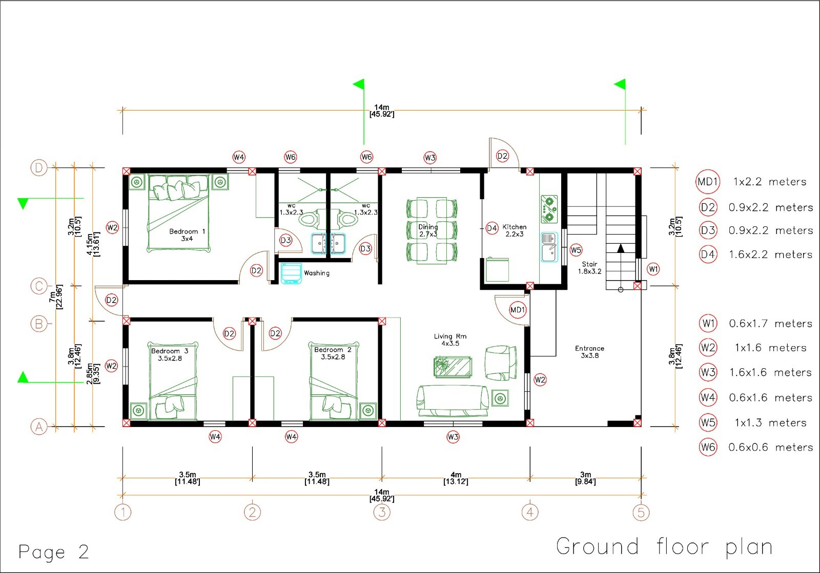 23×46 Feet House Design Plan 7×14 Meter 3 Beds 2 Baths PDF & (A4 Hard Copy)