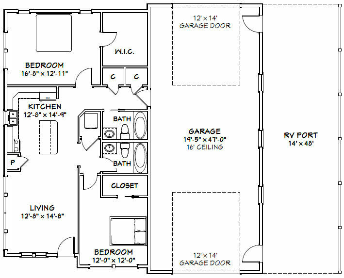 46×48 House – 2 Bedroom 2 Bath 1 RV – 1,157 sqft – PDF Floor Plan – Model 4D