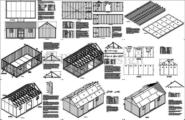 Backyard Storage Shed Plans 14′ x 24′ Gable Roof #D1424G, Material List Included