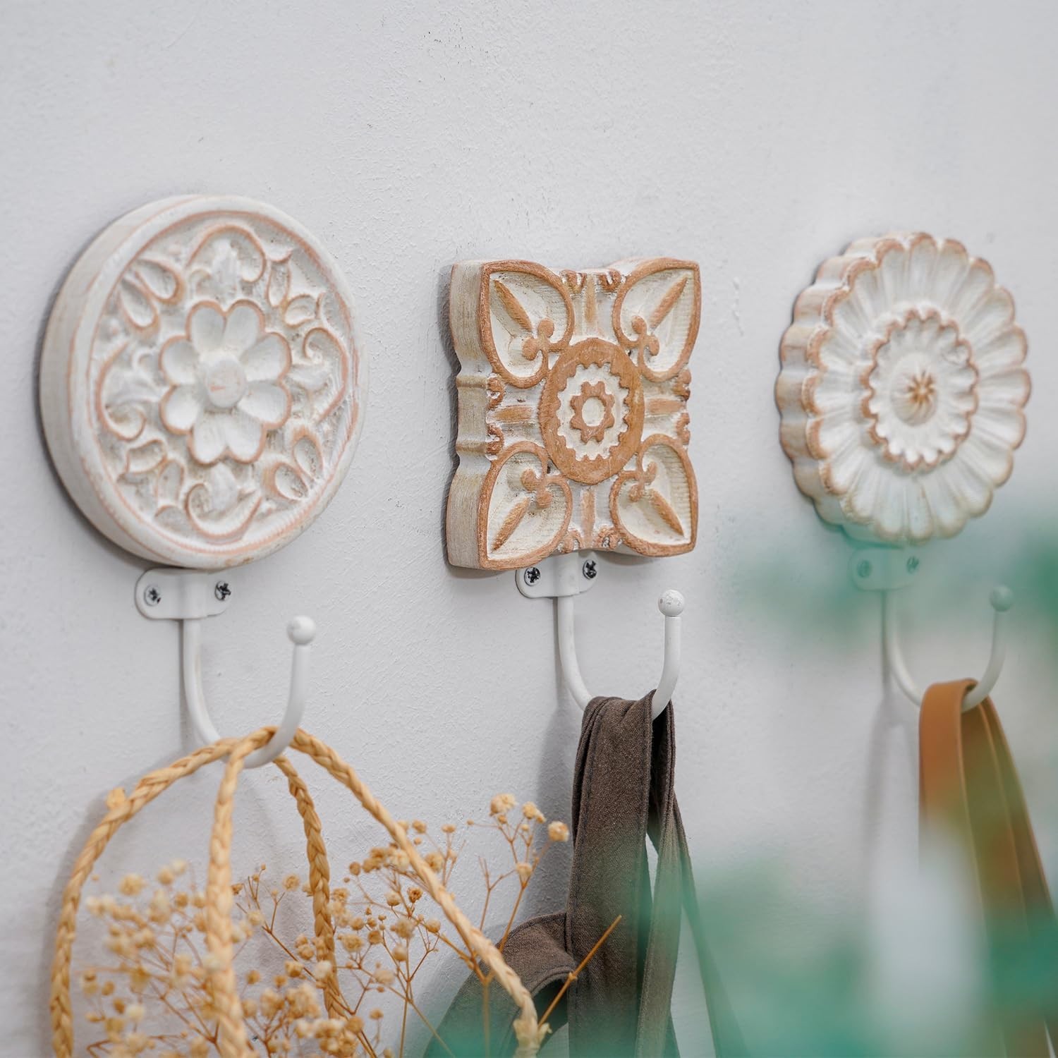 SOFFEE DESIGN Set of 3 Bohemia Coat Hooks, Wood Carving Pattern Design Retro…