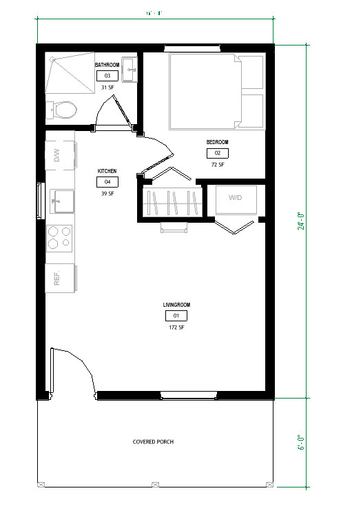 16’x24′ Cabin Plans with Covered Porch: Cottage, Guest House