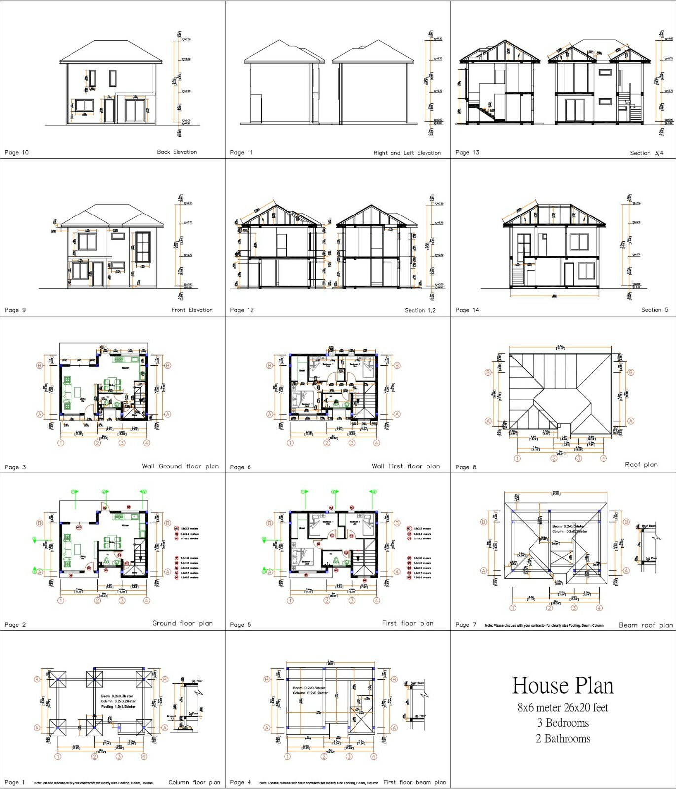 Custom Small House Plan 26×20 Feet 8×6 Meter 3 Beds 2 Baths Hip (A4 Hard Copy)
