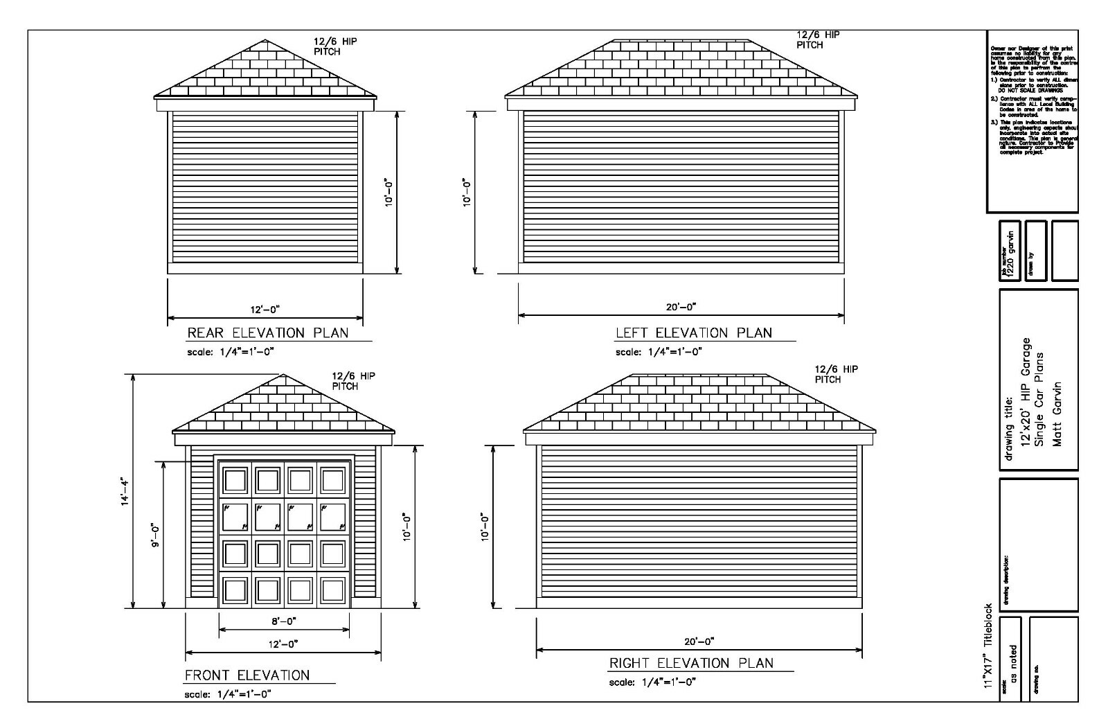 12’X20′- 20’X12′ ONE CAR GARAGE PLANS HIP ROOF GARAGE PLAN 17-1220-HIP-1