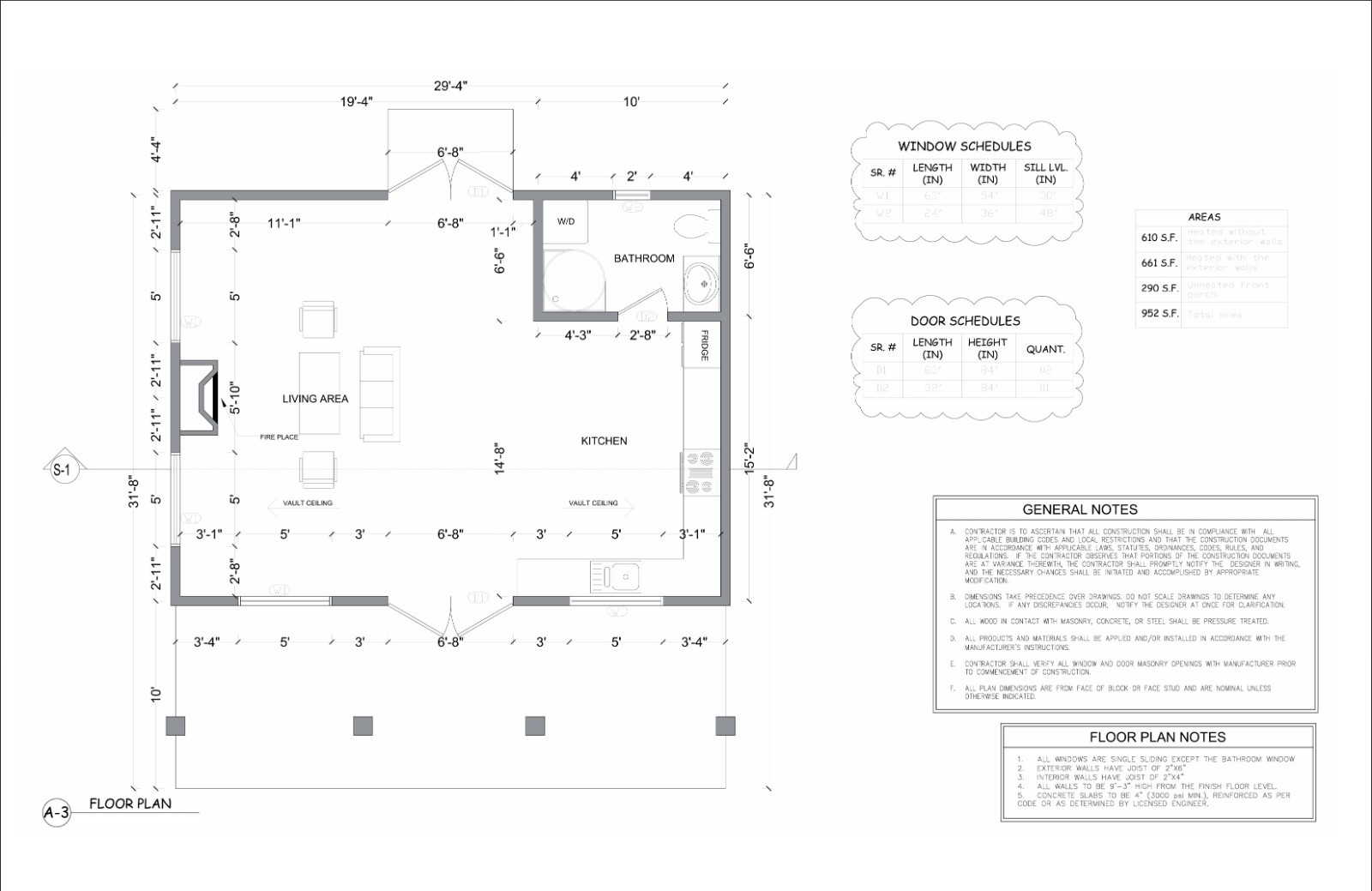 Generic 952 sqft Tiny Studio Cabin Plans: Open Concept with Kitchen, Living Area