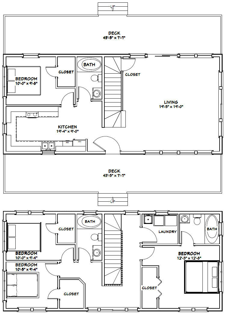 44×20 House — 4 Bedroom 3 Bath — 1,692 sq ft — PDF Floor Plan — Model 1F