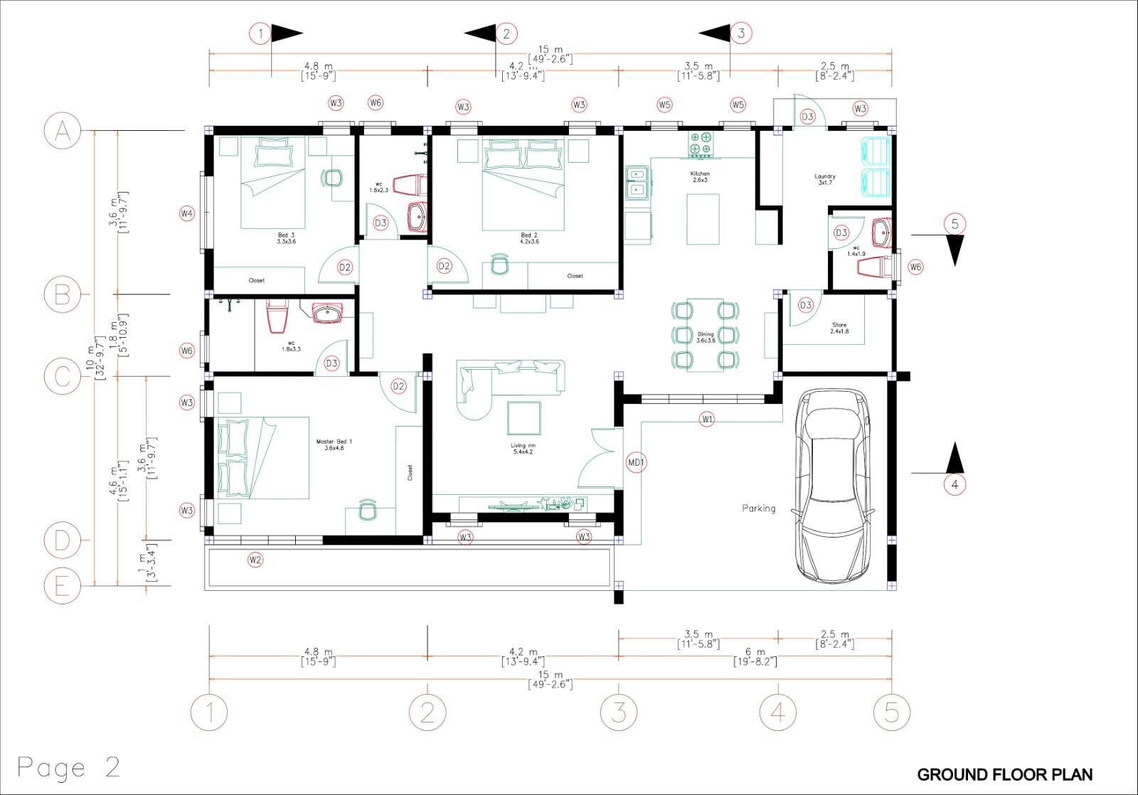 49×33 Feet House Design Plan 15×10 Meter with 3 Beds PDF Plan (A4 Hard Copy)