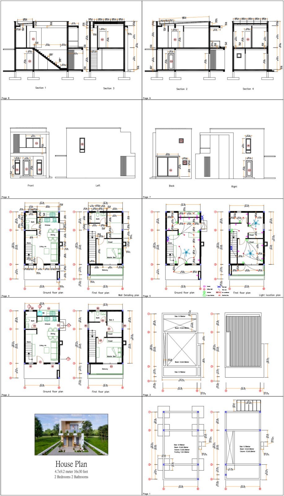 16×30 Feet Small House Plan 4.7×9 Meter 2 Bed 2 Bath Hidden Roof (A4 Hard Copy)
