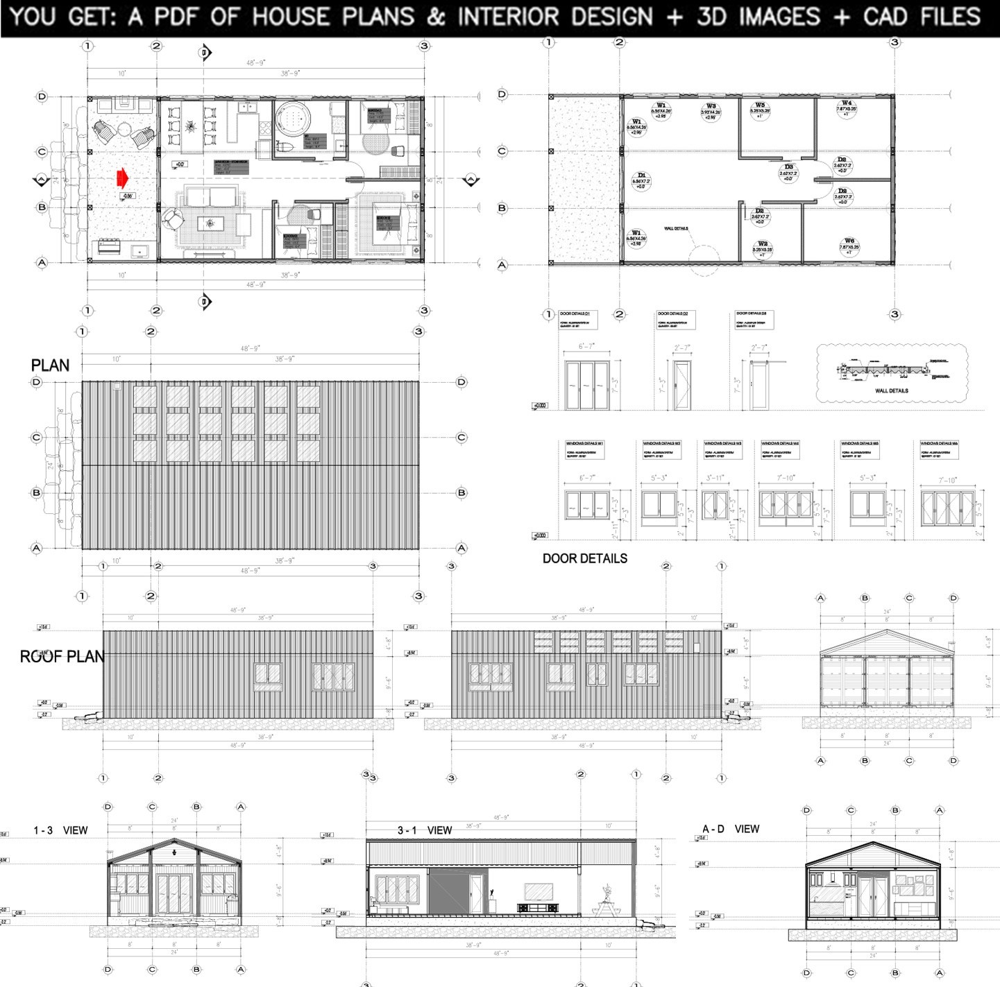 Container house plans – 3 bedrooms – 1 bathroom – Digital PDF File