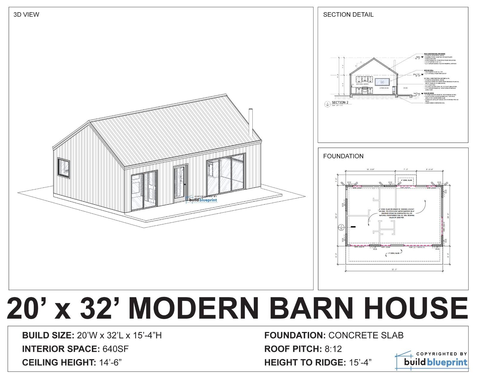 20′ x 32′ Modern Barn House Architectural Plans – PDF Download