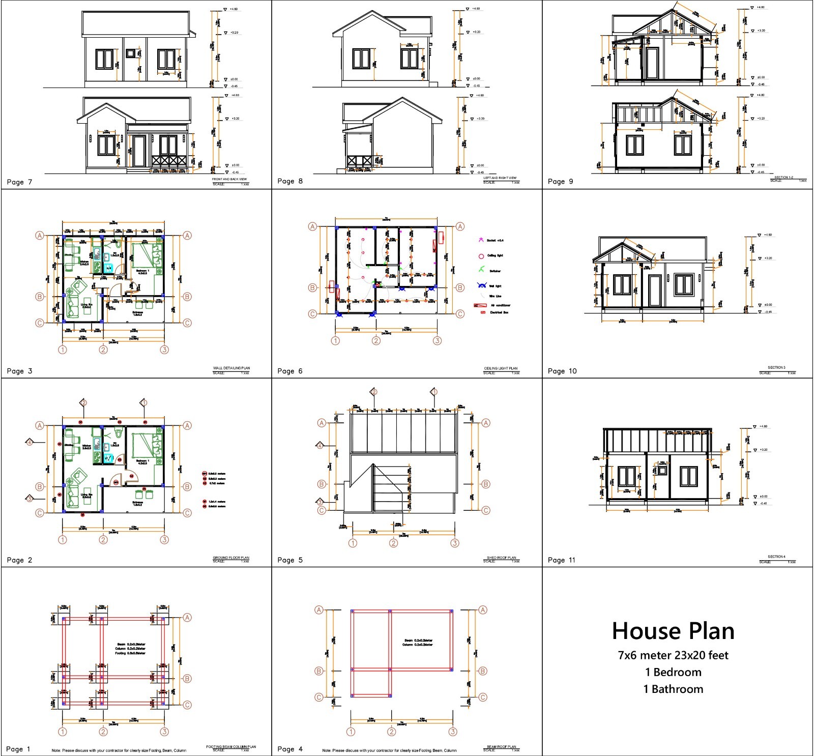 23×20 Feet Tiny House Plans 7×6 Meter One Bed Gable Roof PDF Plan (A4 Hard Copy)