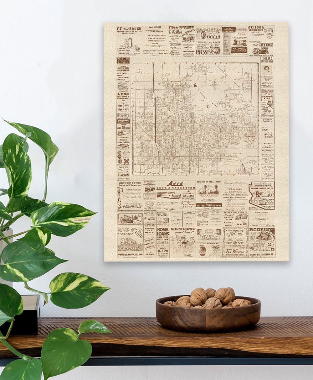 Phoenix Arizona Vintage City Map Mid Century Street Plan with Historic Ads