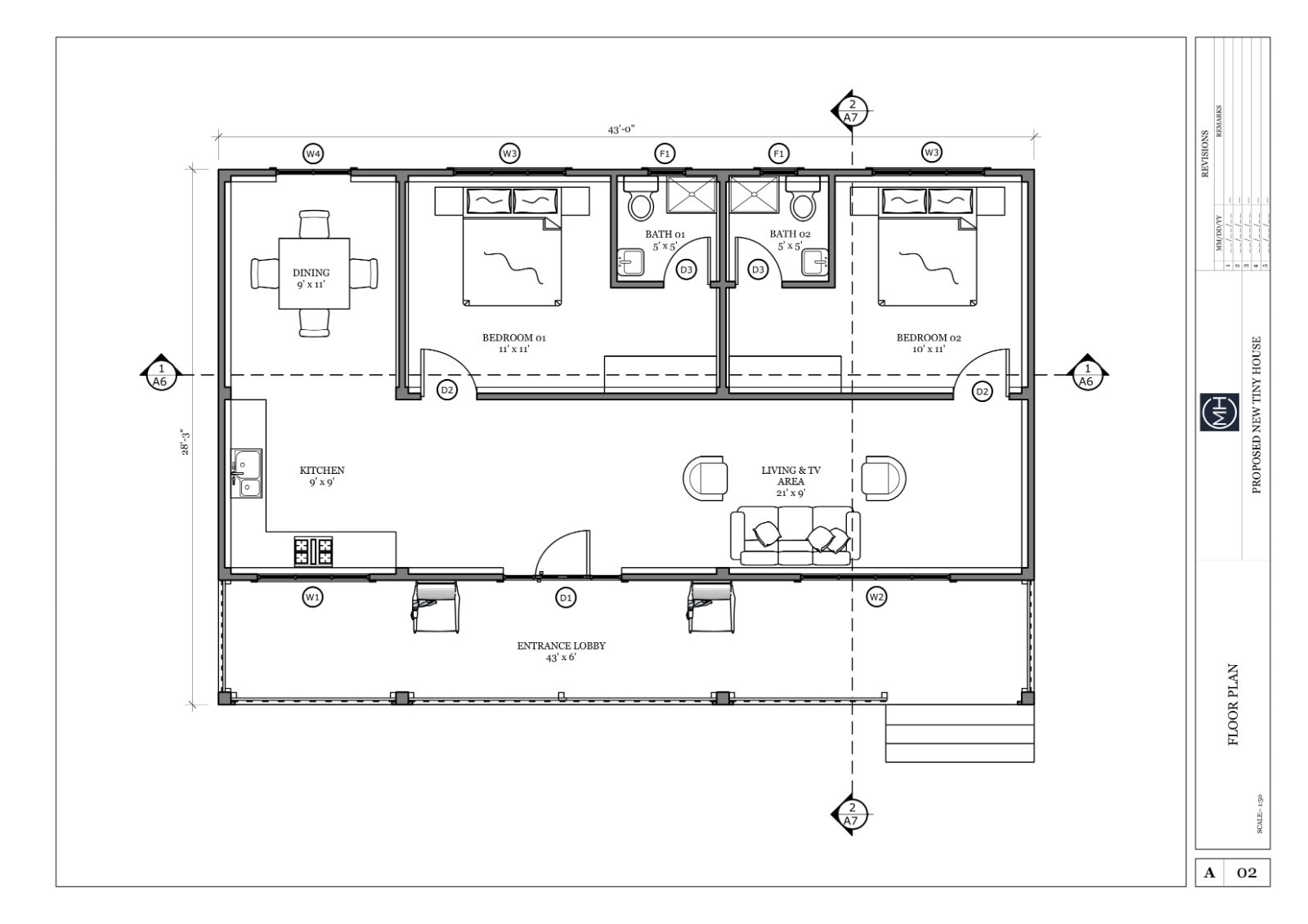 American Style Tiny House Plan With CAD file And PDF For Blueprint – 2 Bedrooms
