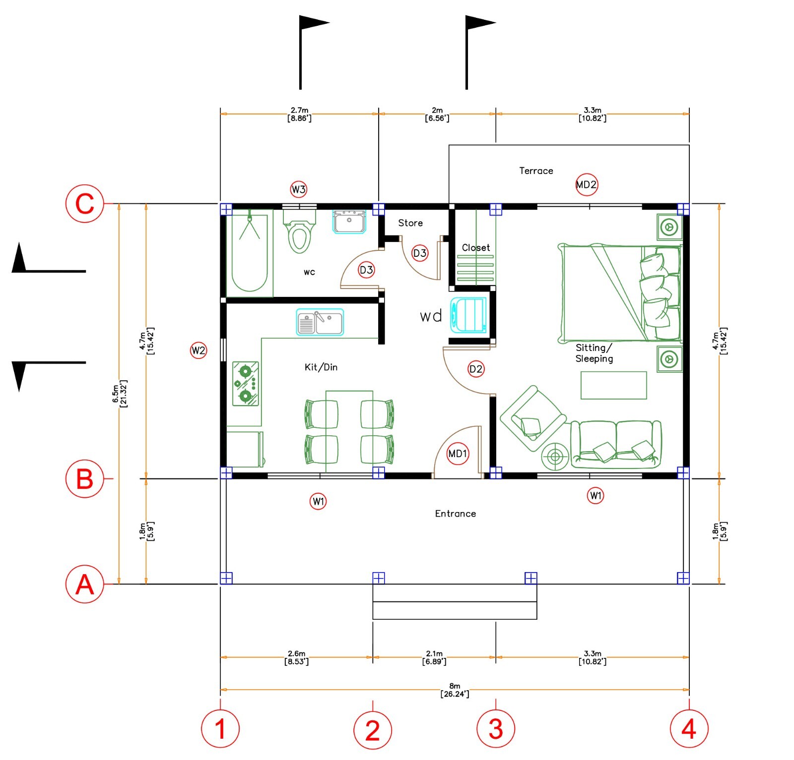 23×21 Feet Tiny House Plans 8×6.5 Meter 1 Bed 1 Bath Hip Roof PDF (A4 Hard Copy)