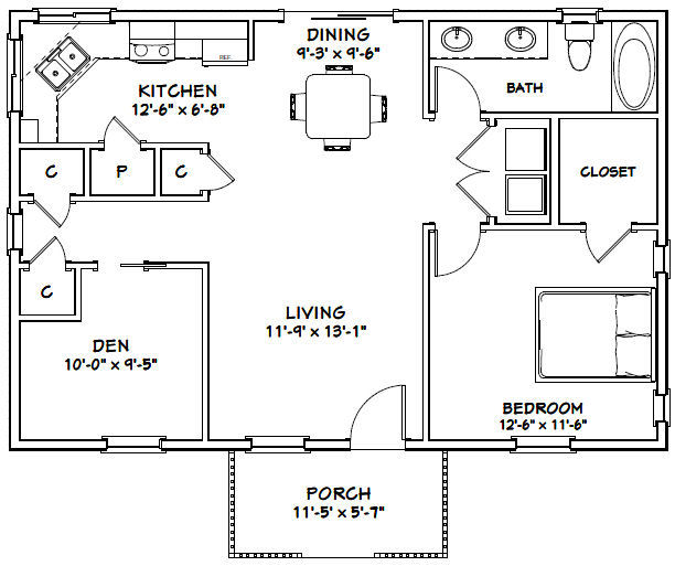 36×24 House — 1 Bedroom 1 Bath — 864 sq ft — PDF Floor Plan — Model 1A