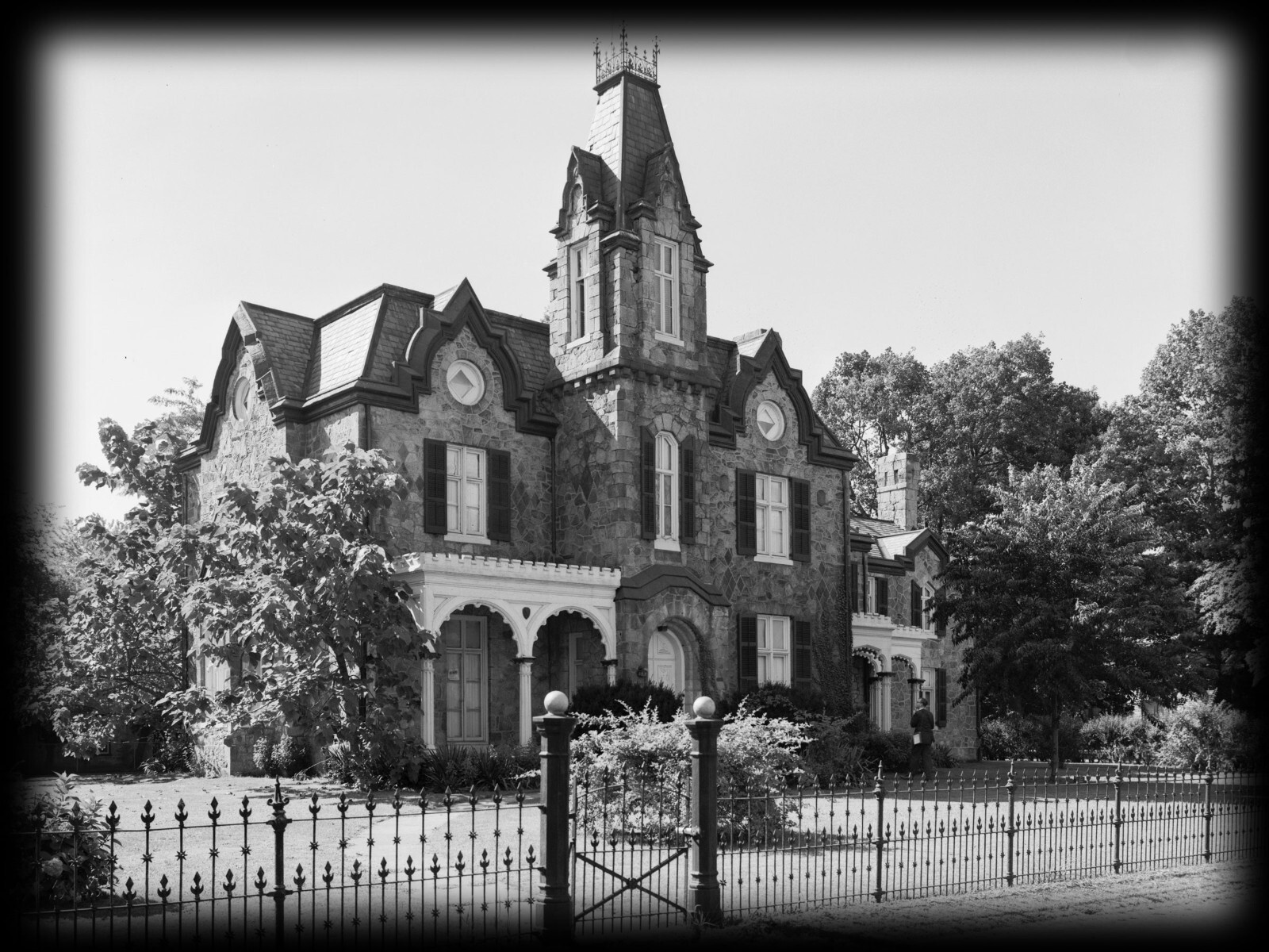 HOUSE PLANS – stone mansion, Tudor-Gothic style, porches, tower, PRINTED PLANS