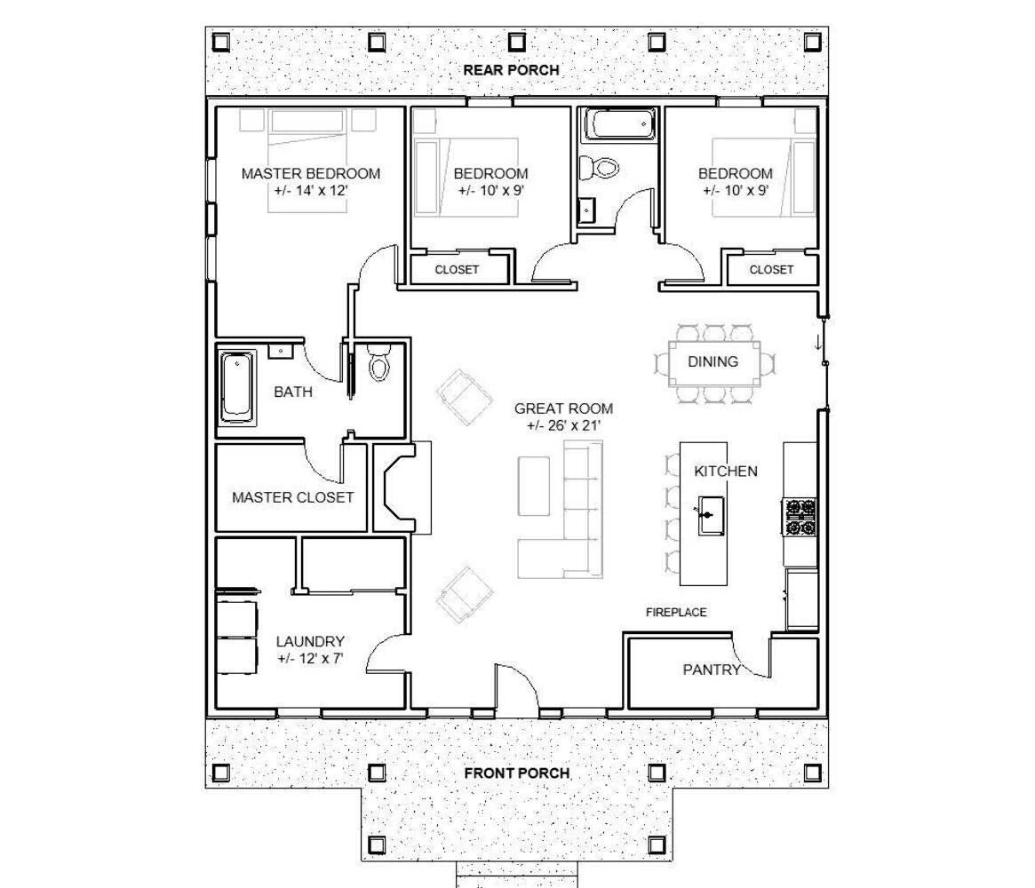 Spacious Cottage 3 bed 2 bath (40’x40′) Custom House Plans and Blueprints – Elec