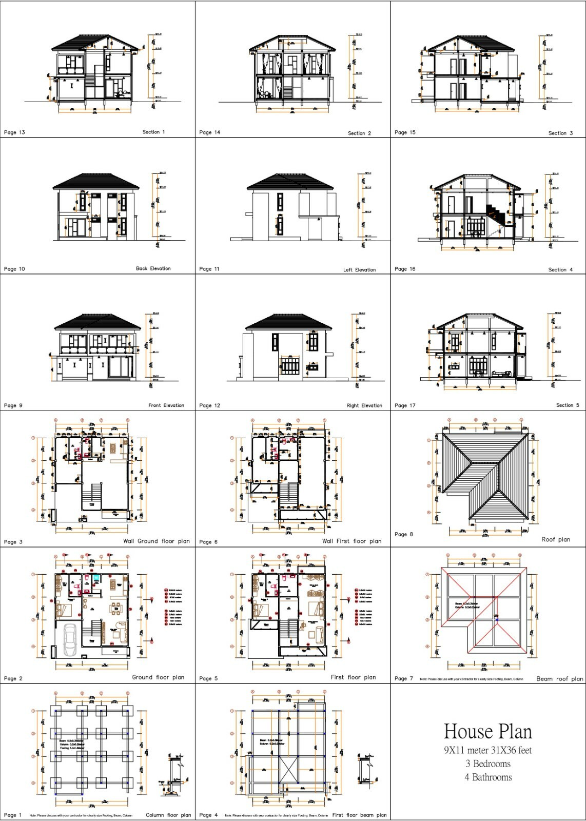31×36 House Design Plan 9.5×11 M with 3 Bedrooms PDF Full Plans (A4 Hard Copy)