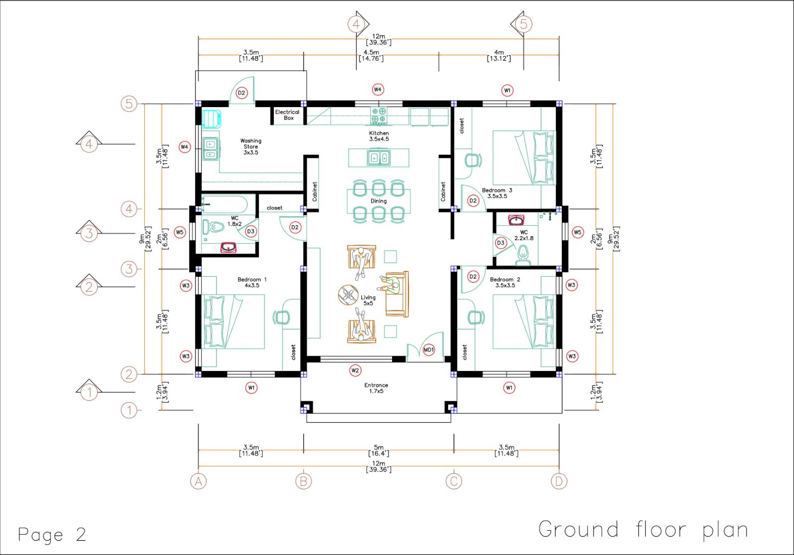 40×30 Feet House Plan 12×9 Meter 3 Beds 2 Baths Hip Roof PDF Plan (A4 Hard Copy)