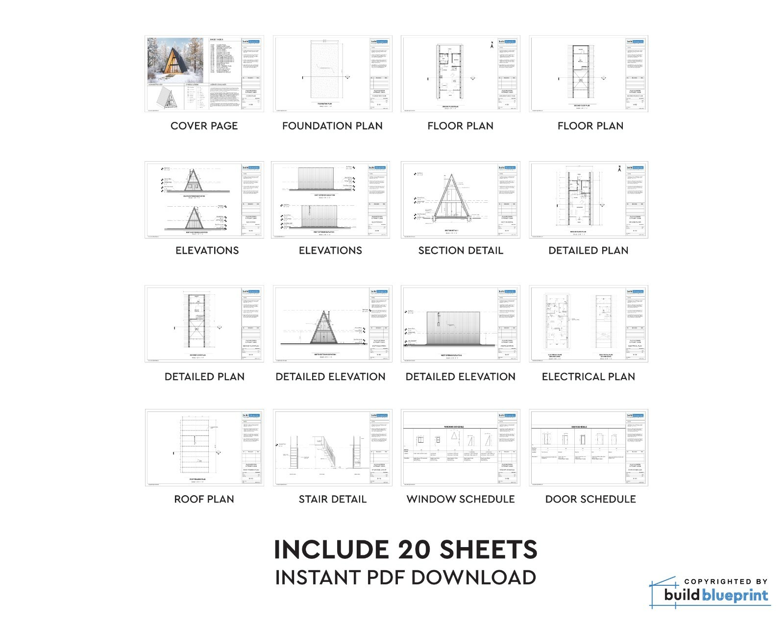 20′ x 28′ Modern A-Frame Cabin Architectural Plans Blueprint PDF Download