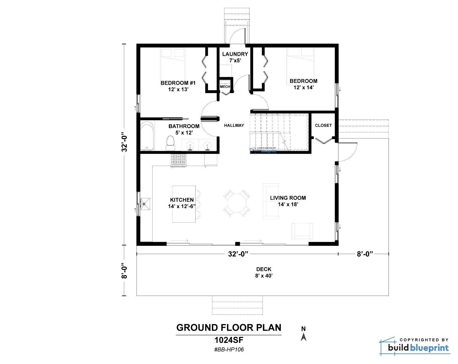 32′ x 32′ Modern Vacation Cabin Architectural Plans 1363SF – PDF Download