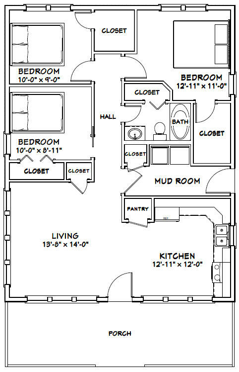 28×36 House — 3 Bedroom 1 Bath — 1,008 sq ft — PDF Floor Plan — Model 1H